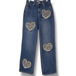 Cali 1850 women’s leopard heart embroidered patch jeans 25” waist size 3 new